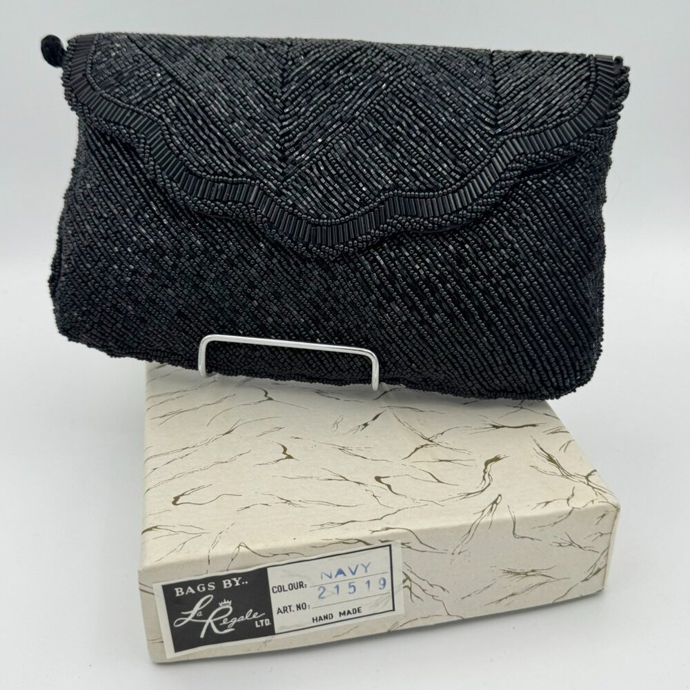 Vintage La Regale Black Dark Navy Beaded Evening Bag Purse Formal
